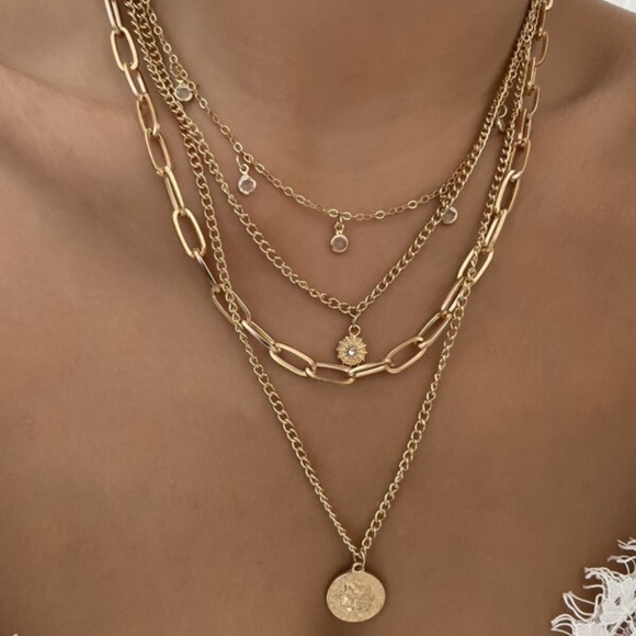 Multilayer Pendant Chain Necklace Set Boho Layered Gold Tone - Picture 4 of 8